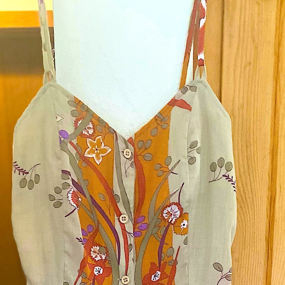 Vintage 1970’s Sundress- Natural Tones Floral, Button Style with Built-In Bra.